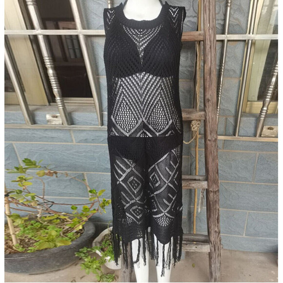 Tasseled, Hollowed Out Swimsuit Coverup In Black - Picture 2 of 4